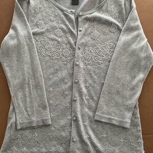 Ann Taylor Light Gray Embellished Button-Front Sweater